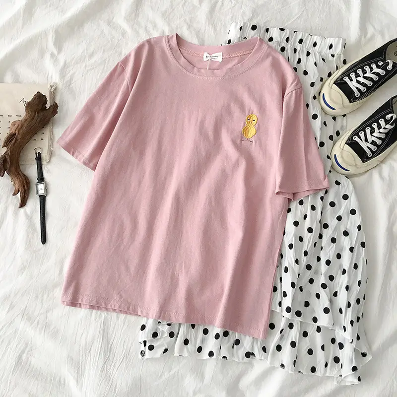 Women Grey T-Shirt with Cat Embroidery Summer Casual Wear - Image 3