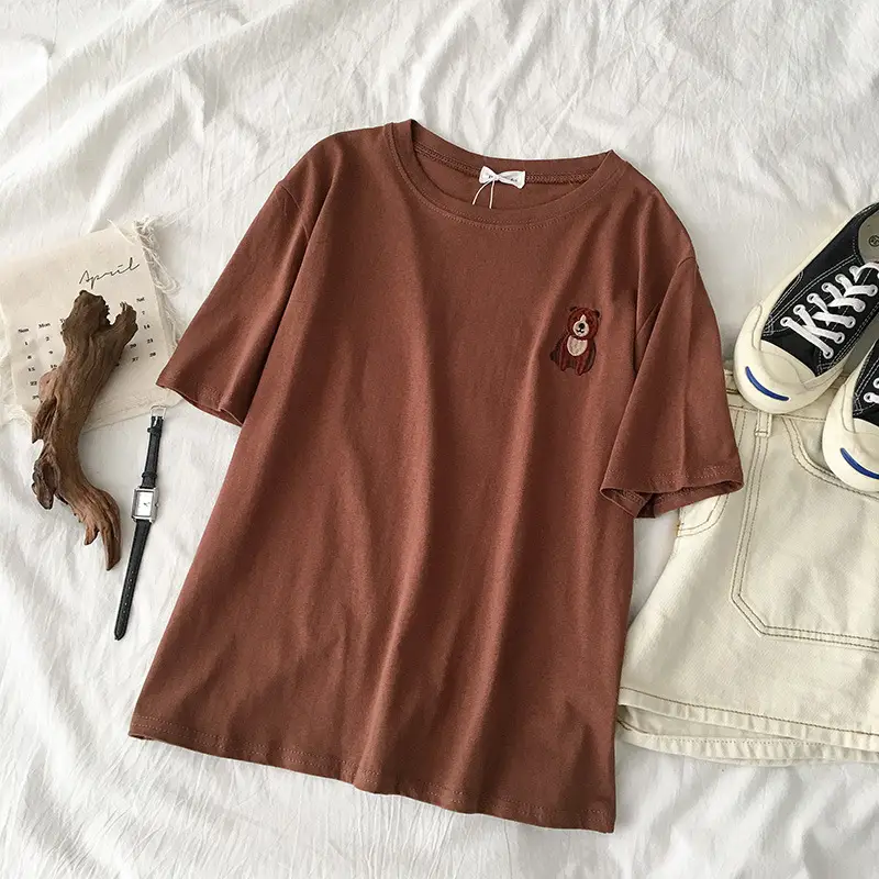 Women Grey T-Shirt with Cat Embroidery Summer Casual Wear - Image 7
