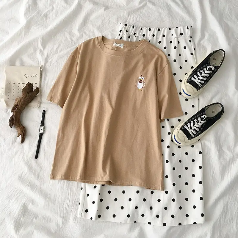 Women Grey T-Shirt with Cat Embroidery Summer Casual Wear - Image 8