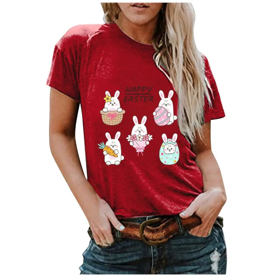 2025 Easter Bunny Printed Women's Red T-Shirt