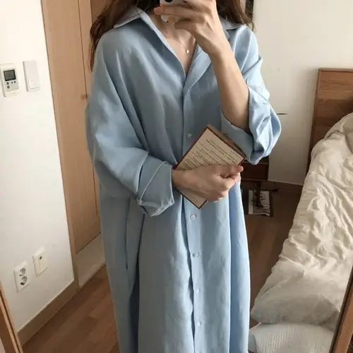 Long Over-the-Knee Shirt Solid Blue Lapel Cardigan Sunscreen - Image 14