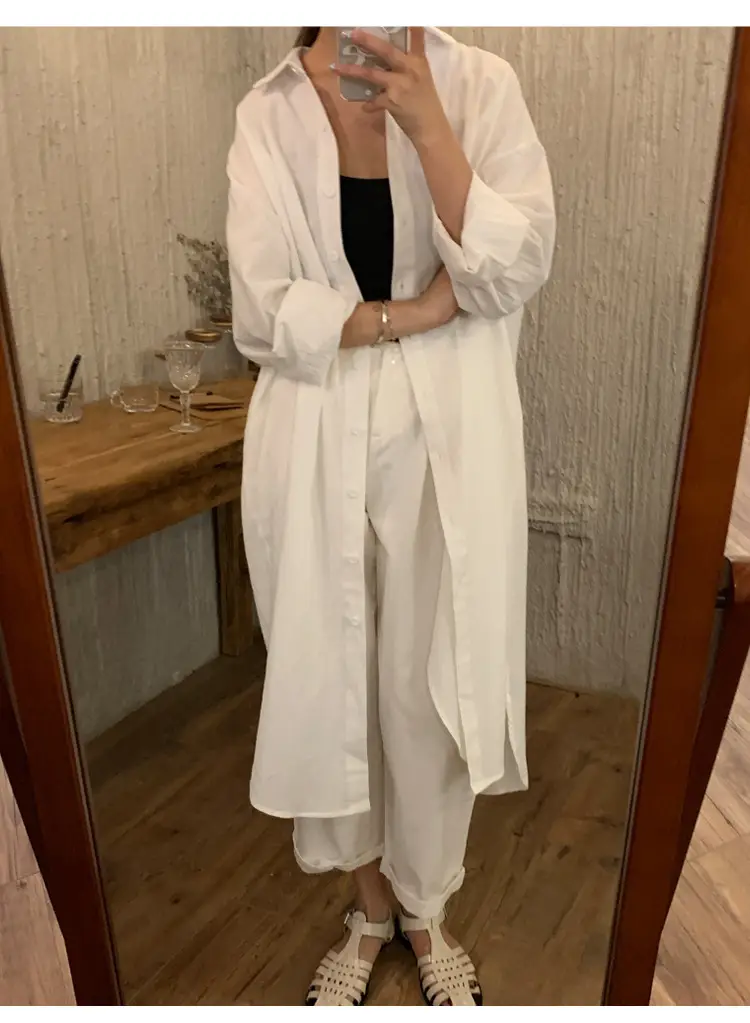 Long Over-the-Knee Shirt Solid Blue Lapel Cardigan Sunscreen — feature 11