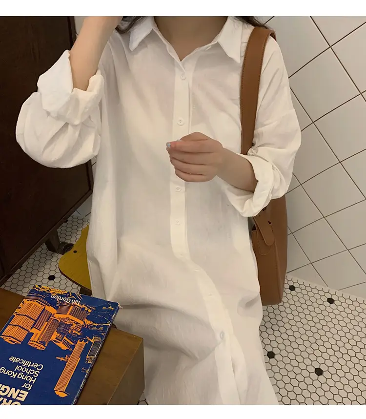 Long Over-the-Knee Shirt Solid Blue Lapel Cardigan Sunscreen — feature 15