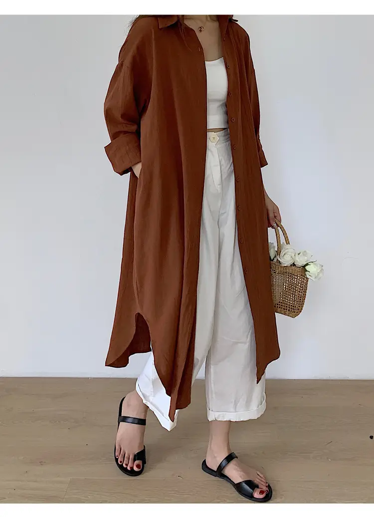 Long Over-the-Knee Shirt Solid Blue Lapel Cardigan Sunscreen — feature 24