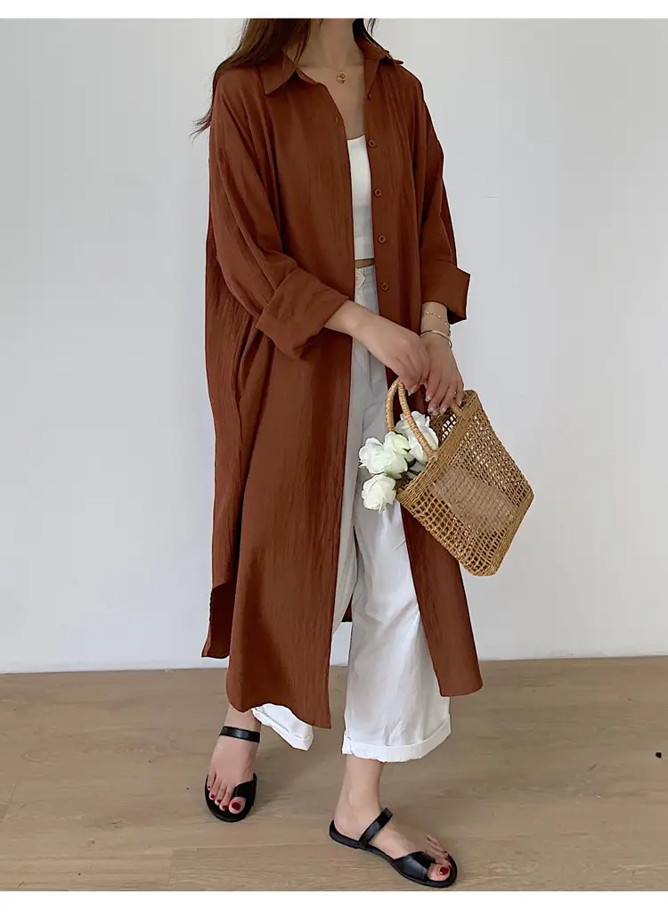Long Over-the-Knee Shirt Solid Blue Lapel Cardigan Sunscreen — feature 25