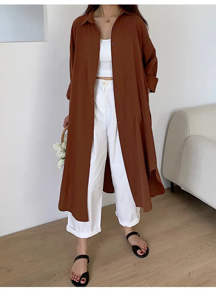 Long Over-the-Knee Shirt Solid Blue Lapel Cardigan Sunscreen — feature 26