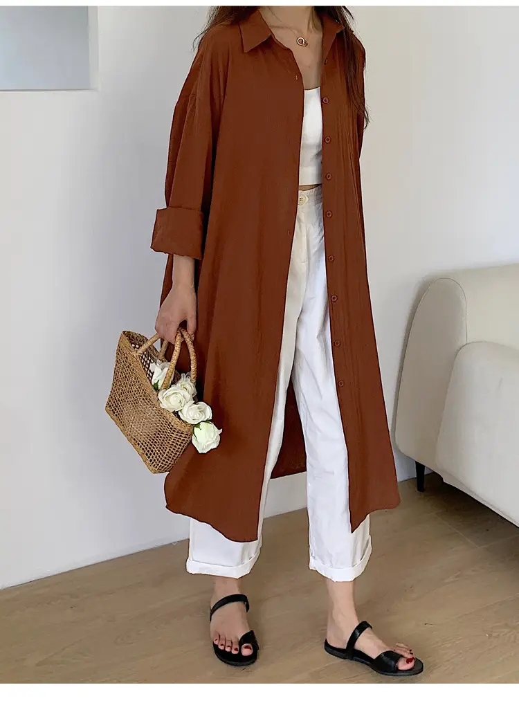 Long Over-the-Knee Shirt Solid Blue Lapel Cardigan Sunscreen — feature 27