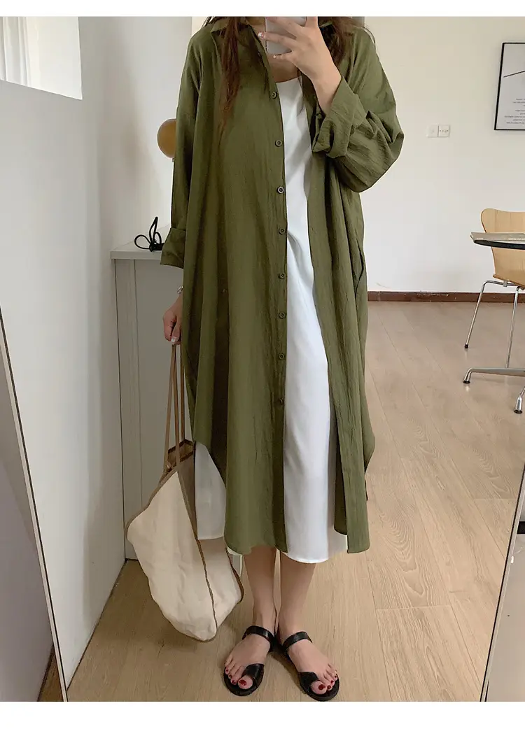 Long Over-the-Knee Shirt Solid Blue Lapel Cardigan Sunscreen — feature 31