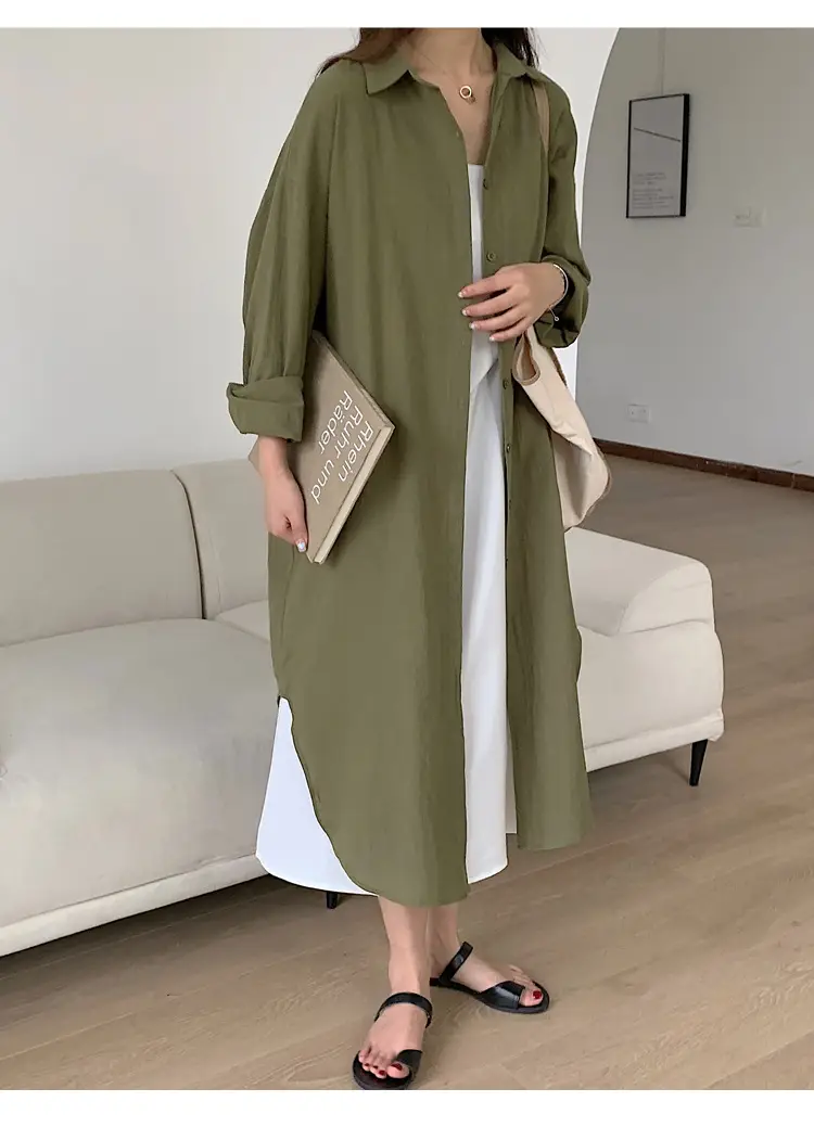Long Over-the-Knee Shirt Solid Blue Lapel Cardigan Sunscreen — feature 34