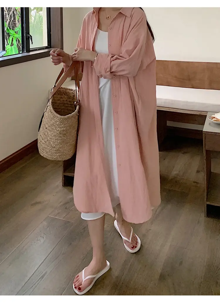 Long Over-the-Knee Shirt Solid Blue Lapel Cardigan Sunscreen — feature 39