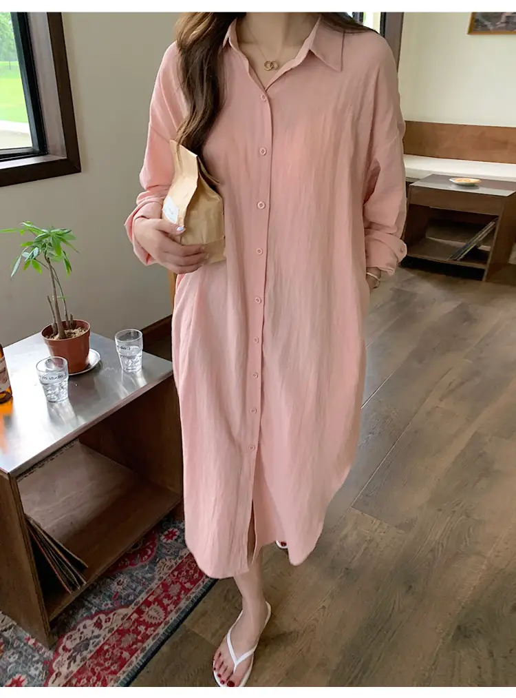 Long Over-the-Knee Shirt Solid Blue Lapel Cardigan Sunscreen — feature 40