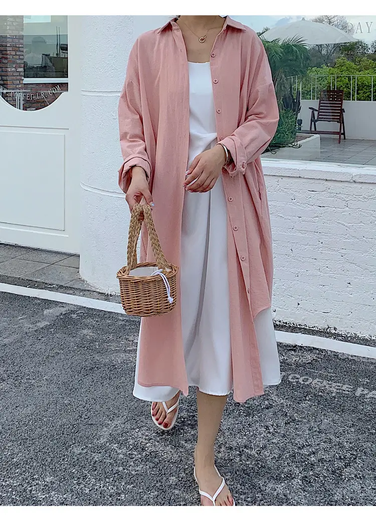 Long Over-the-Knee Shirt Solid Blue Lapel Cardigan Sunscreen — feature 41