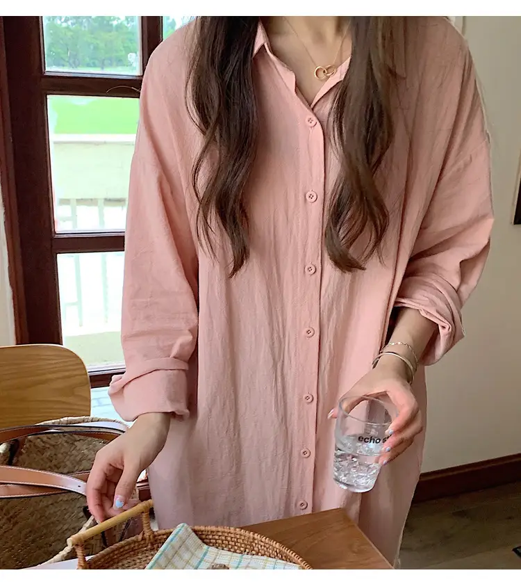 Long Over-the-Knee Shirt Solid Blue Lapel Cardigan Sunscreen — feature 43