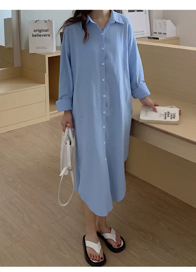 Long Over-the-Knee Shirt Solid Blue Lapel Cardigan Sunscreen — feature 44