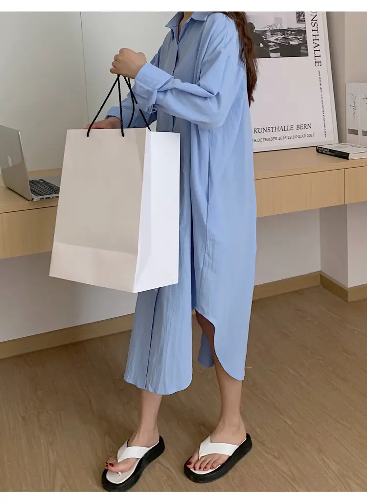 Long Over-the-Knee Shirt Solid Blue Lapel Cardigan Sunscreen — feature 46