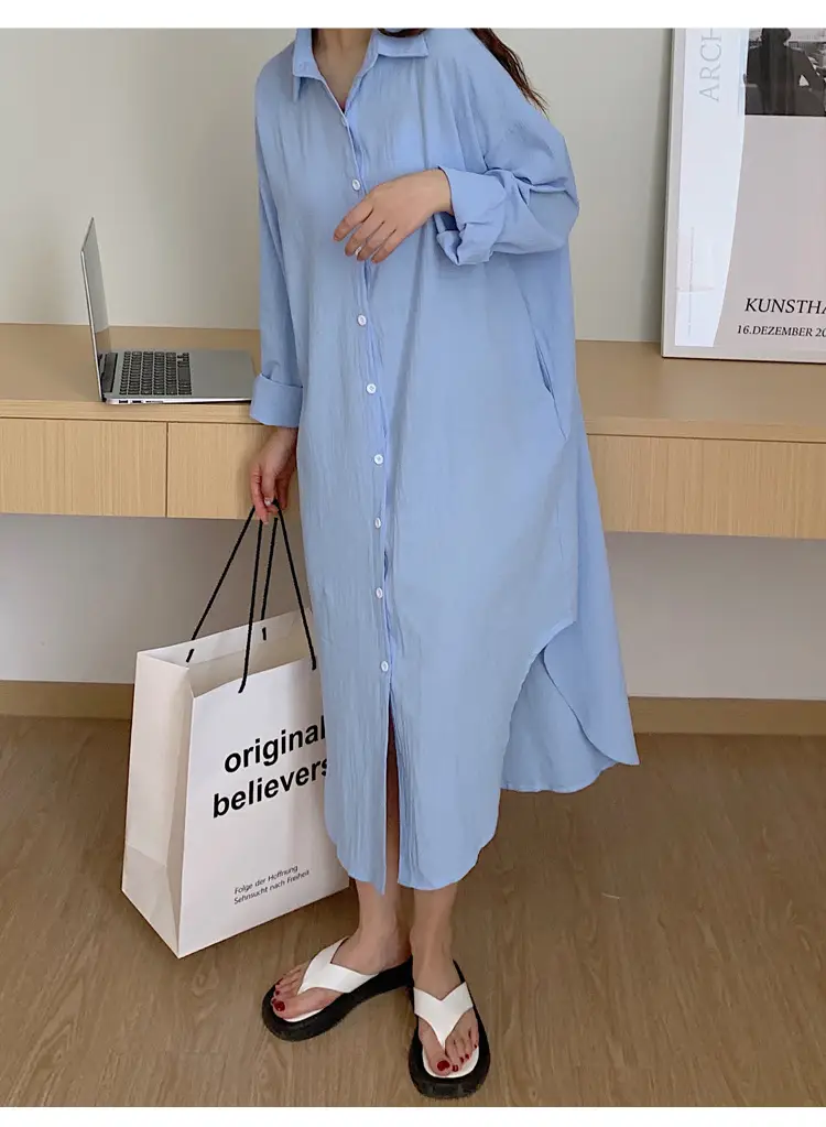 Long Over-the-Knee Shirt Solid Blue Lapel Cardigan Sunscreen — feature 47