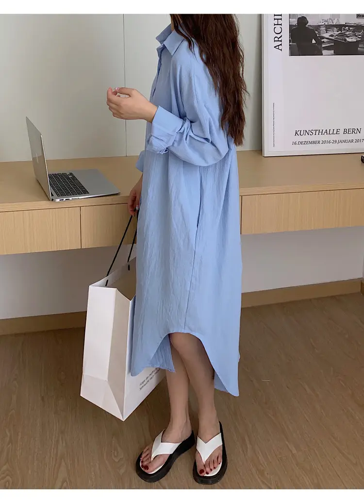 Long Over-the-Knee Shirt Solid Blue Lapel Cardigan Sunscreen — feature 48
