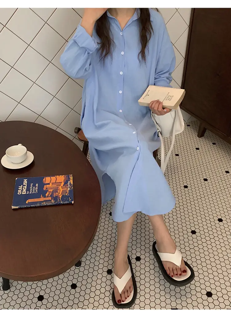 Long Over-the-Knee Shirt Solid Blue Lapel Cardigan Sunscreen — feature 49