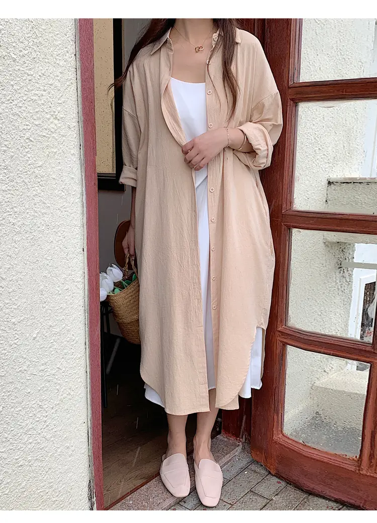 Long Over-the-Knee Shirt Solid Blue Lapel Cardigan Sunscreen — feature 51
