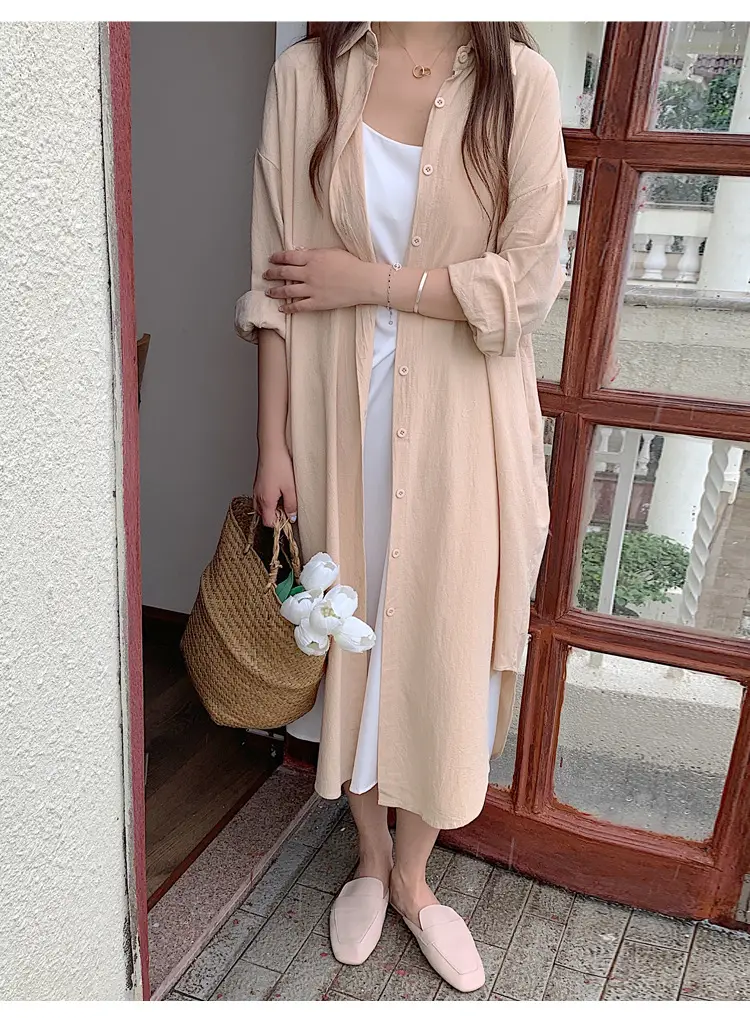 Long Over-the-Knee Shirt Solid Blue Lapel Cardigan Sunscreen — feature 52
