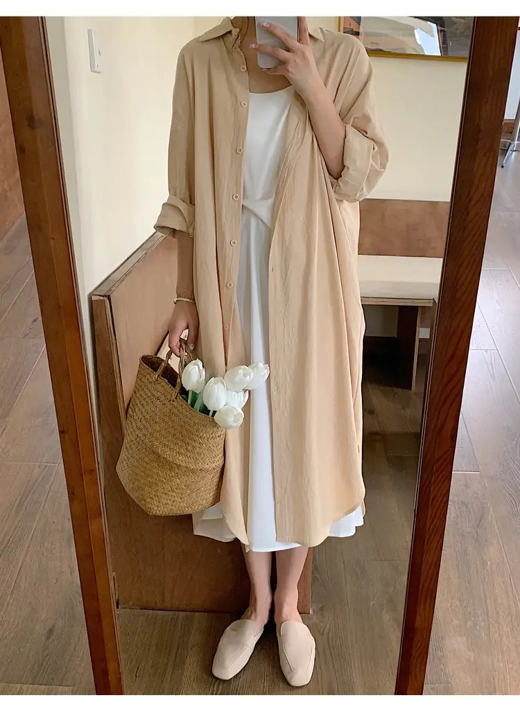 Long Over-the-Knee Shirt Solid Blue Lapel Cardigan Sunscreen — feature 55