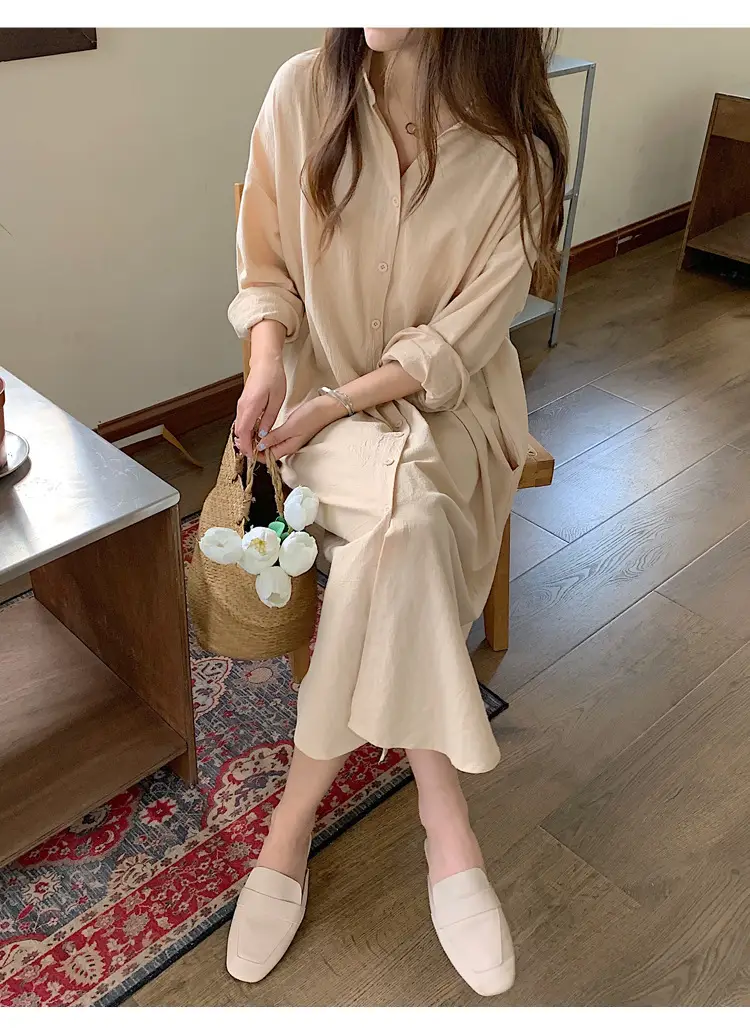 Long Over-the-Knee Shirt Solid Blue Lapel Cardigan Sunscreen — feature 56