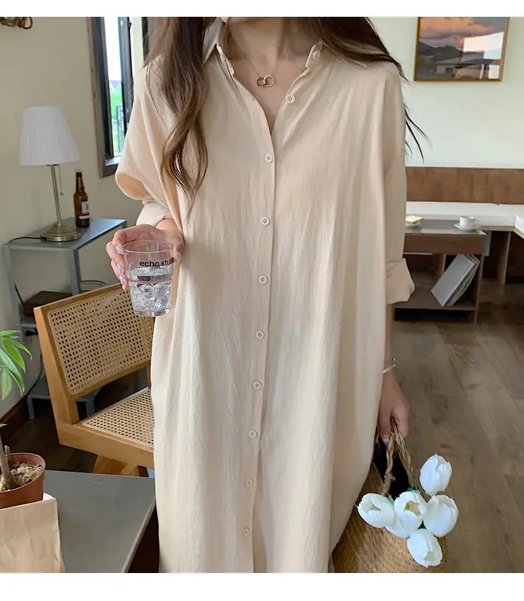 Long Over-the-Knee Shirt Solid Blue Lapel Cardigan Sunscreen — feature 57