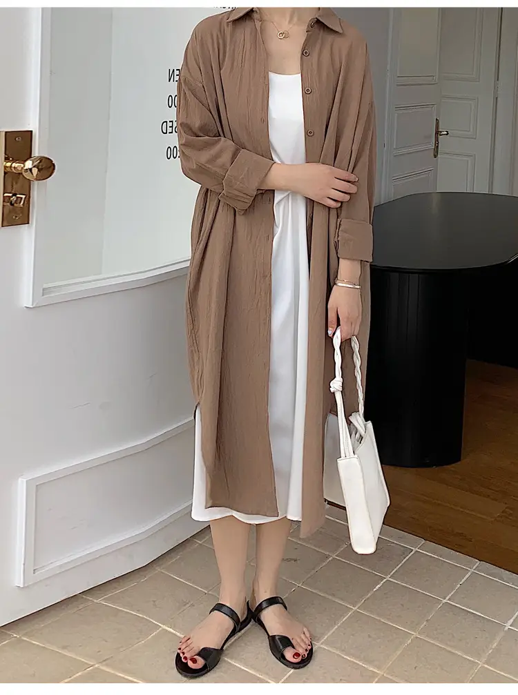 Long Over-the-Knee Shirt Solid Blue Lapel Cardigan Sunscreen — feature 60