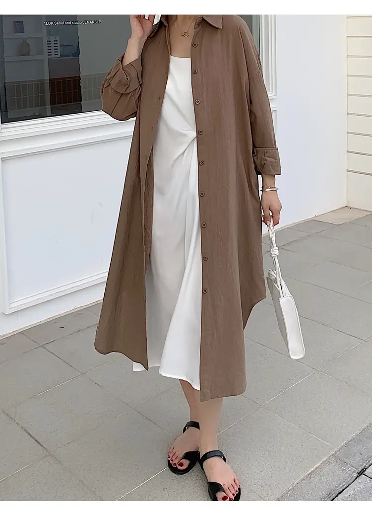 Long Over-the-Knee Shirt Solid Blue Lapel Cardigan Sunscreen — feature 61