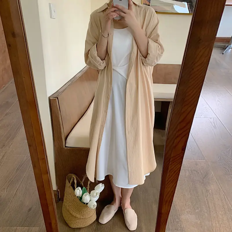 Long Over-the-Knee Shirt Solid Blue Lapel Cardigan Sunscreen - Image 3