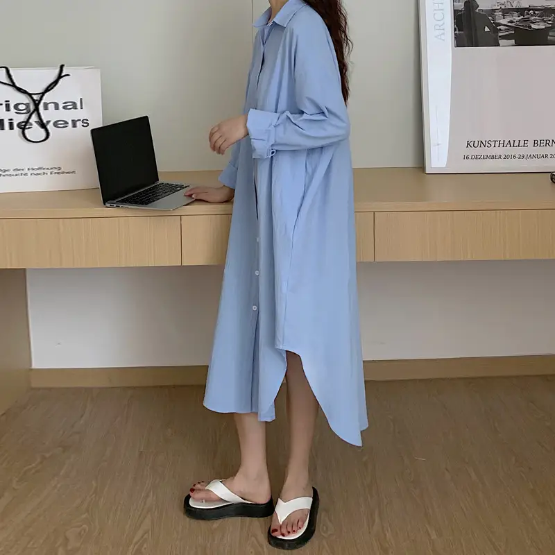 Long Over-the-Knee Shirt Solid Blue Lapel Cardigan Sunscreen - Image 5