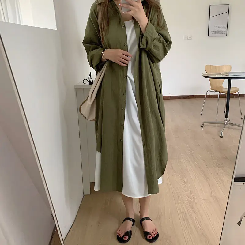 Long Over-the-Knee Shirt Solid Blue Lapel Cardigan Sunscreen - Image 7