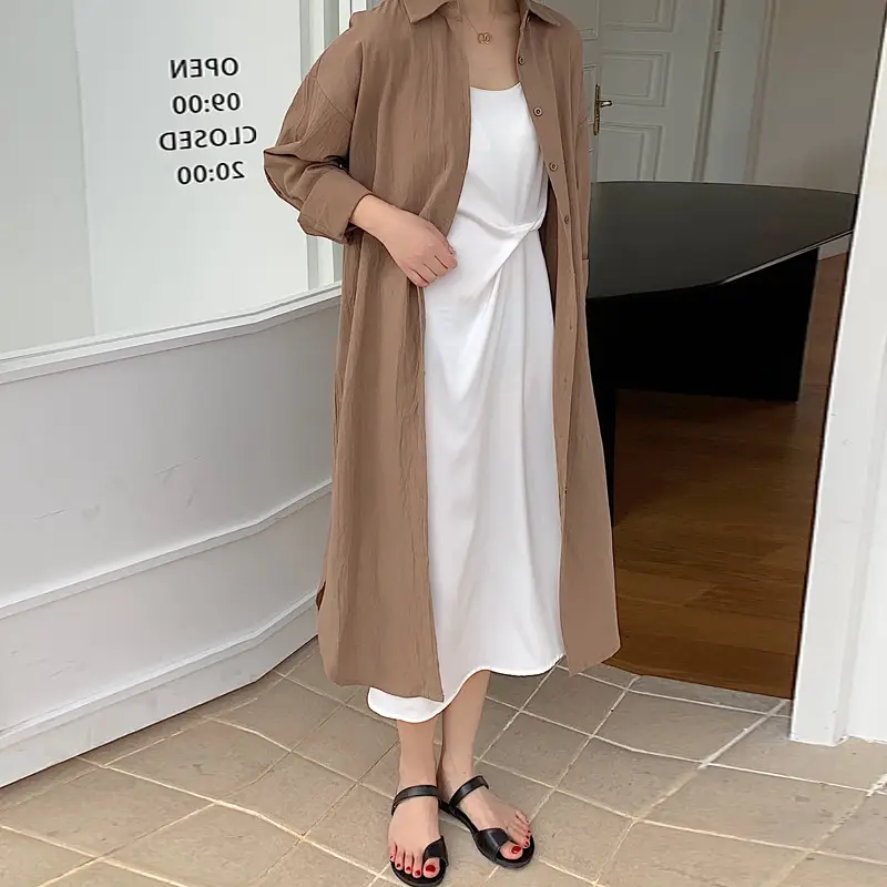 Long Over-the-Knee Shirt Solid Blue Lapel Cardigan Sunscreen - Image 8