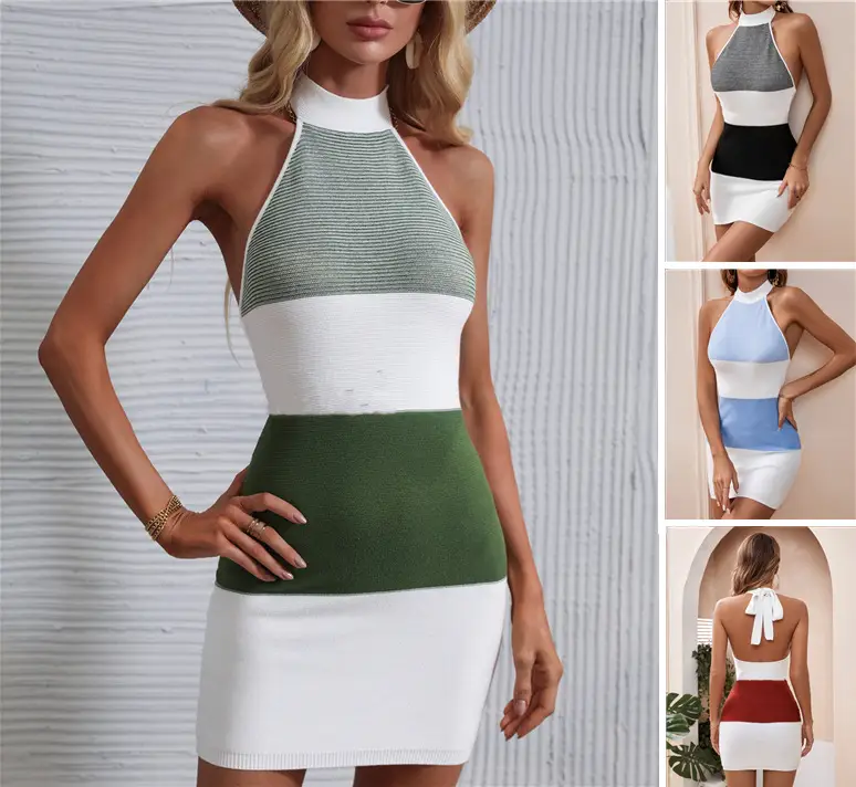 New Knitted Waist Belt Dress for Women Green White - Image 5
