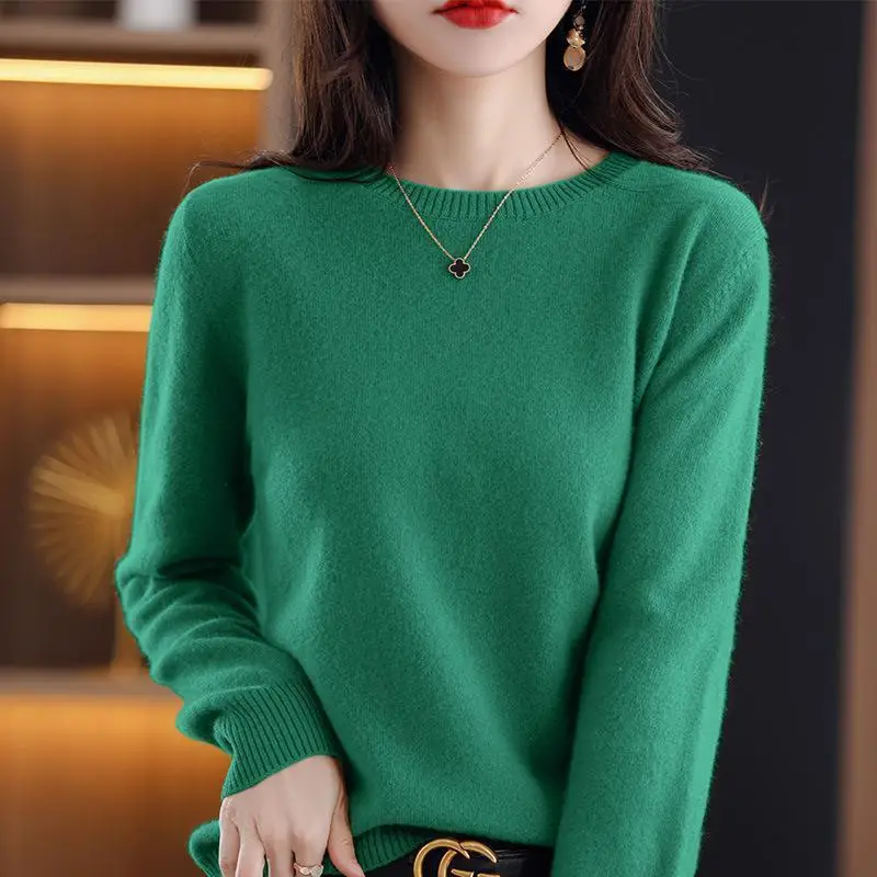 Women Blue Knit Long Sleeve Sweater Round Neck - Image 3