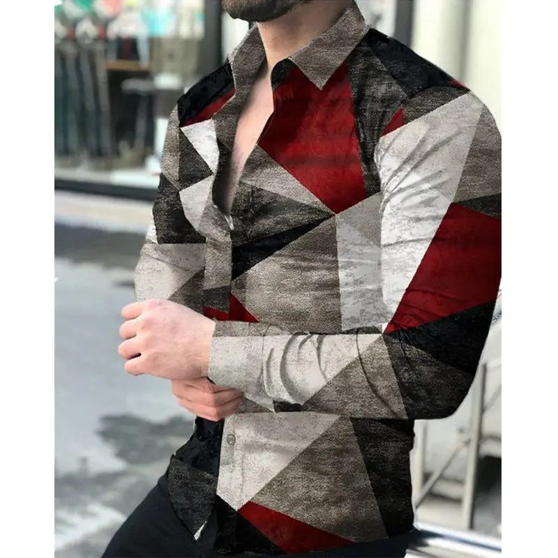 2025 Men 3D Printed Red Blue Lapel Shirt - Image 2