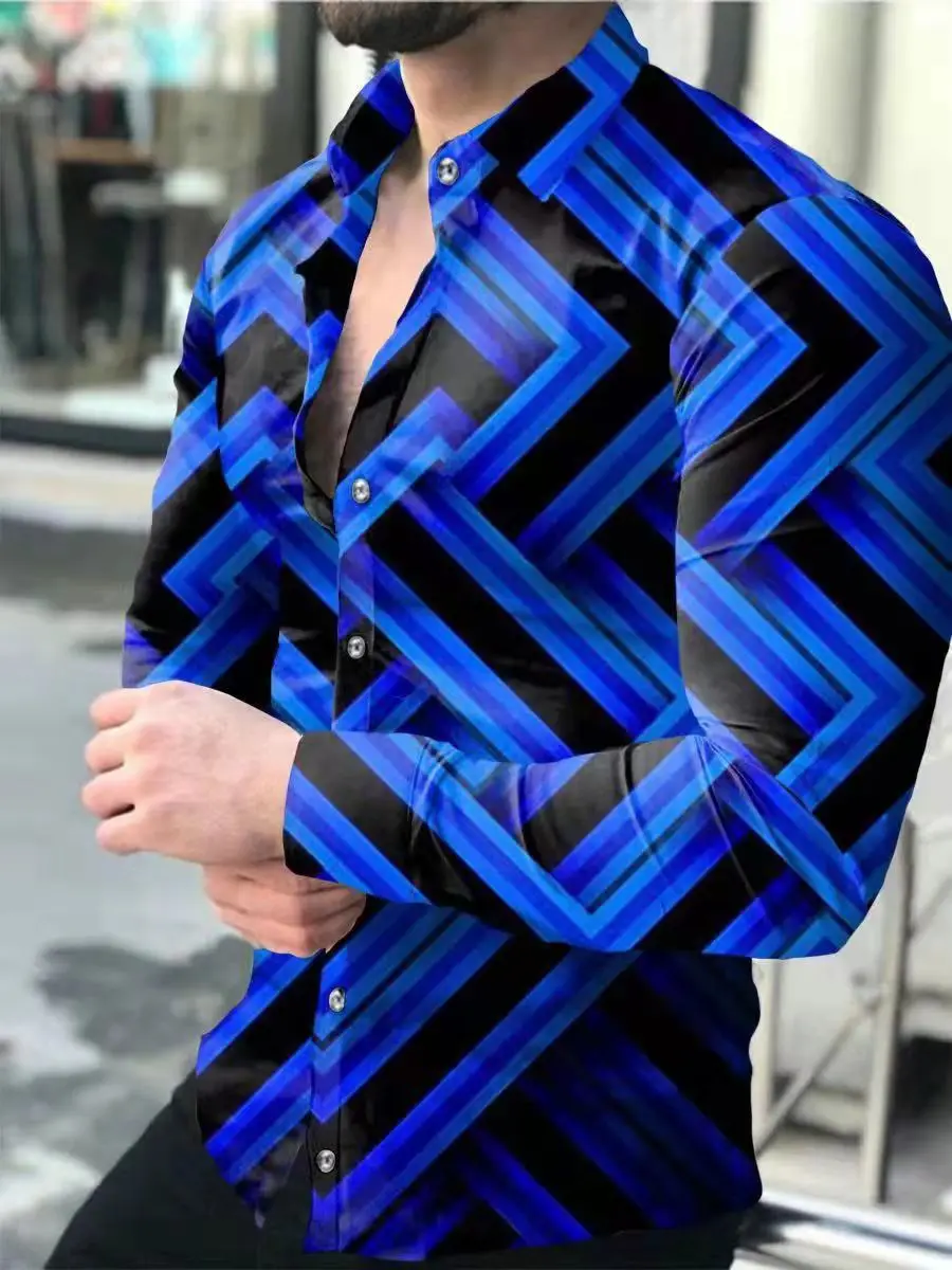 2025 Men 3D Printed Red Blue Lapel Shirt - Image 4