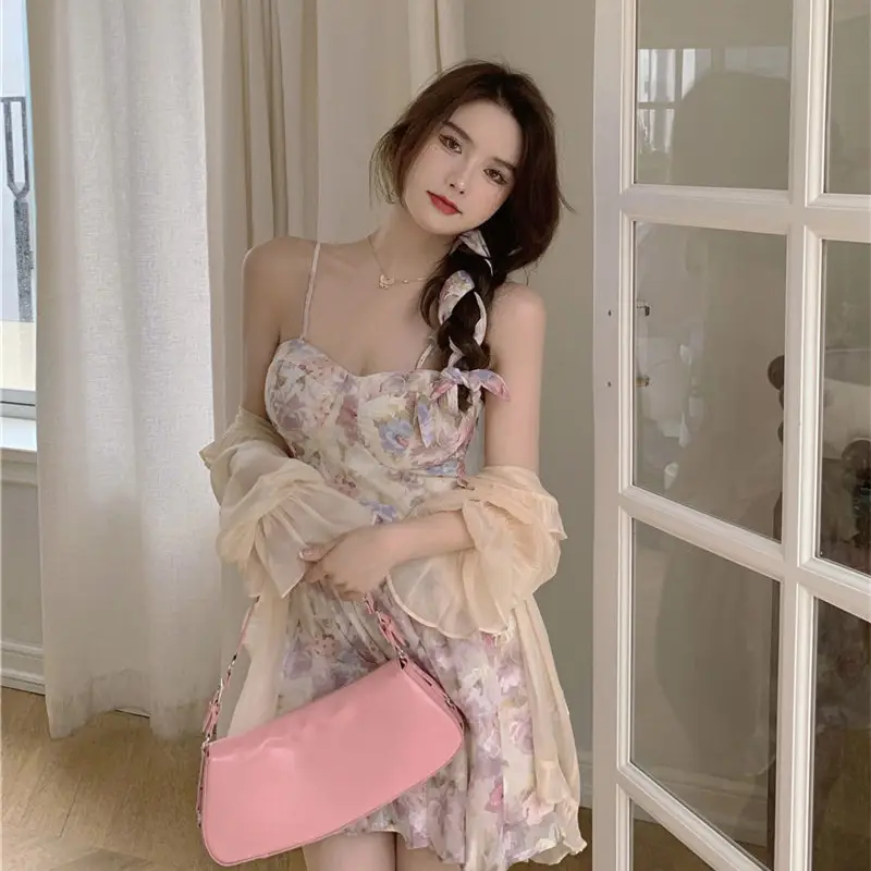 Plus Size Floral Strap Dress Spring Summer Waist Tight Sun Protection Two Piece Suit