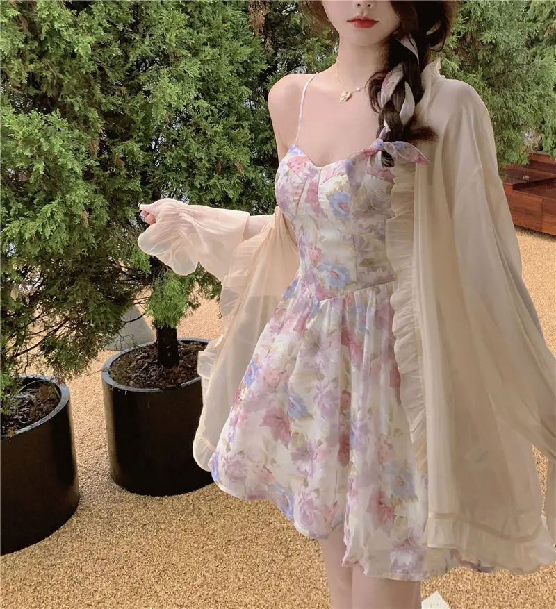 Plus Size Floral Strap Dress Spring Summer Waist Tight Sun Protection Two Piece Suit — feature 10
