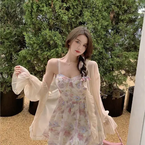 Plus Size Floral Strap Dress Spring Summer Waist Tight Sun Protection Two Piece Suit — feature 11