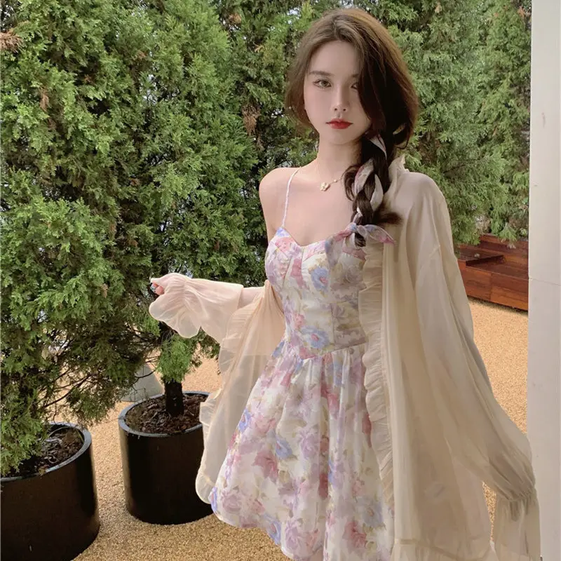 Plus Size Floral Strap Dress Spring Summer Waist Tight Sun Protection Two Piece Suit — feature 12