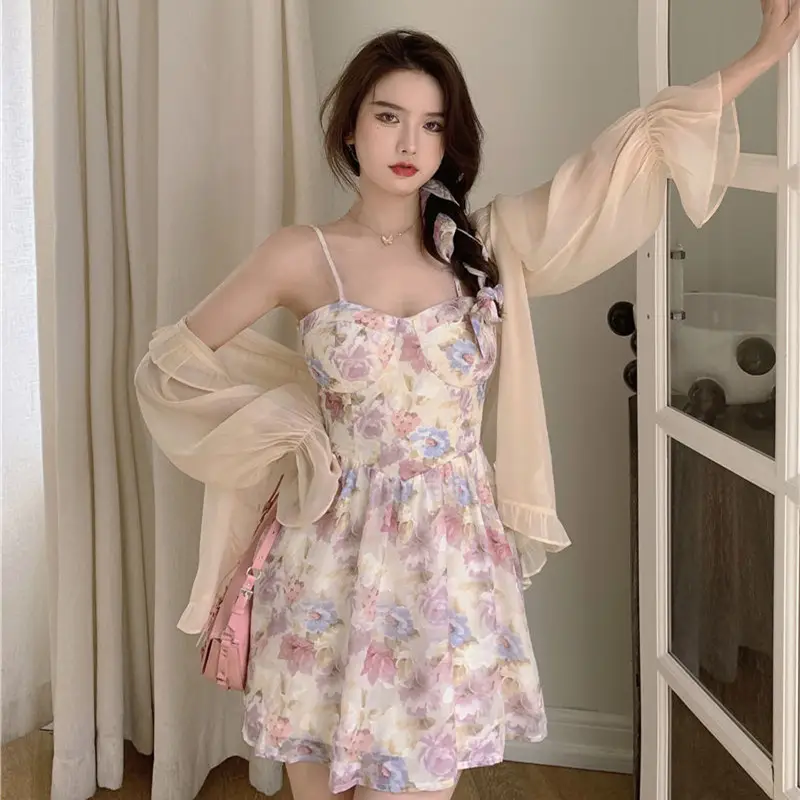 Plus Size Floral Strap Dress Spring Summer Waist Tight Sun Protection Two Piece Suit — feature 14