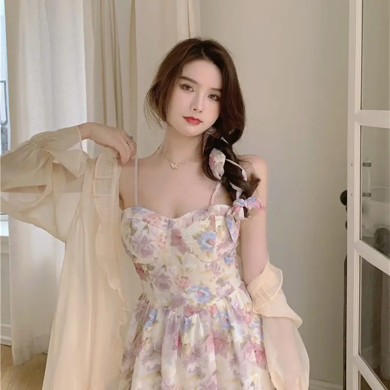Plus Size Floral Strap Dress Spring Summer Waist Tight Sun Protection Two Piece Suit — feature 15
