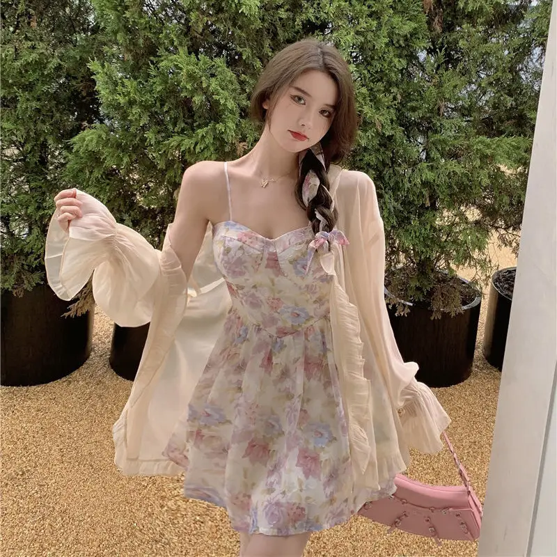 Plus Size Floral Strap Dress Spring Summer Waist Tight Sun Protection Two Piece Suit — feature 16