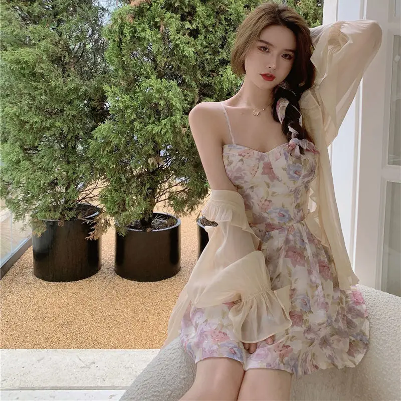 Plus Size Floral Strap Dress Spring Summer Waist Tight Sun Protection Two Piece Suit — feature 17