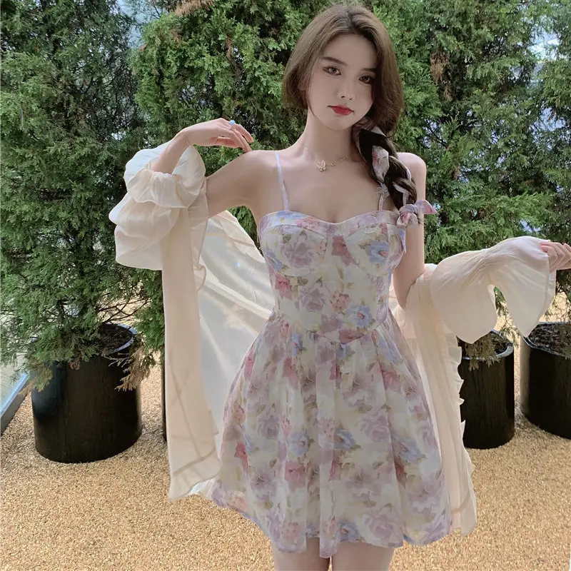 Plus Size Floral Strap Dress Spring Summer Waist Tight Sun Protection Two Piece Suit — feature 20