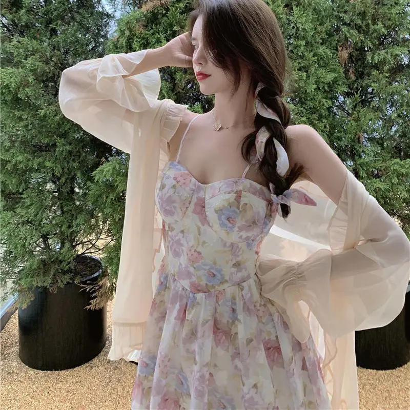 Plus Size Floral Strap Dress Spring Summer Waist Tight Sun Protection Two Piece Suit — feature 5