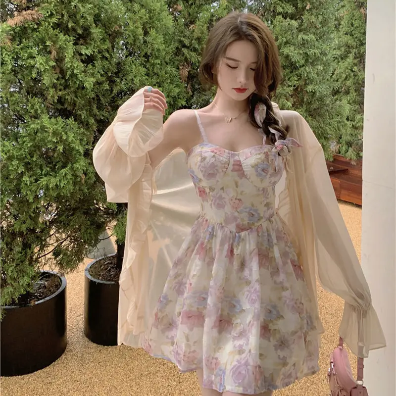 Plus Size Floral Strap Dress Spring Summer Waist Tight Sun Protection Two Piece Suit — feature 6