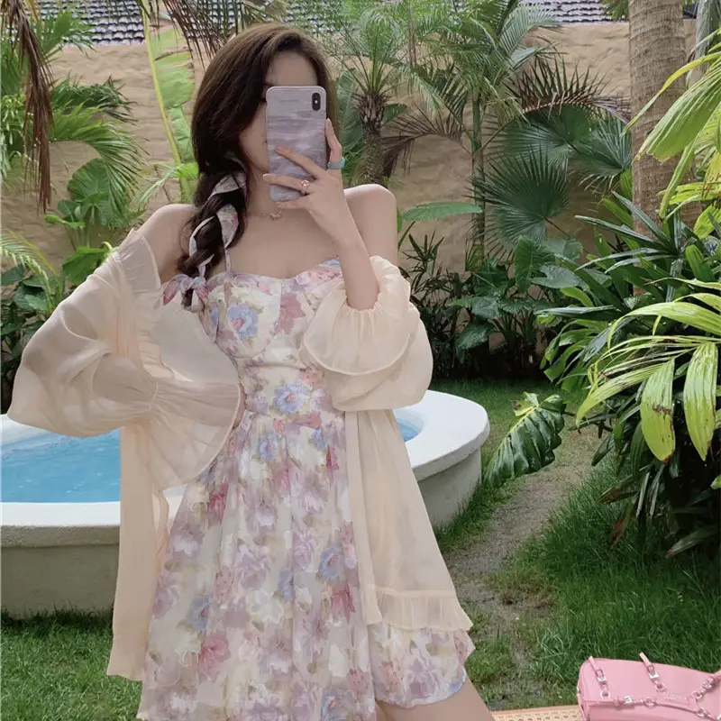 Plus Size Floral Strap Dress Spring Summer Waist Tight Sun Protection Two Piece Suit — feature 7