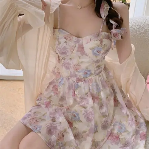 Plus Size Floral Strap Dress Spring Summer Waist Tight Sun Protection Two Piece Suit — feature 8